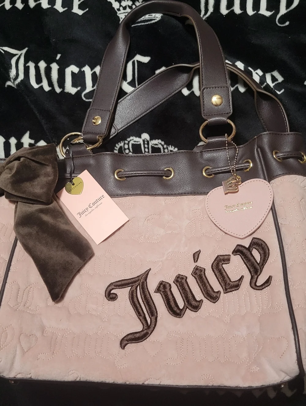 Nwt. Juicy Couture Pink and Brown Daydreamer Tote with Heart Charm and Bow - Picture 1 of 6
